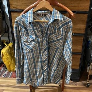 Blue and Brown Plaid pearl snap